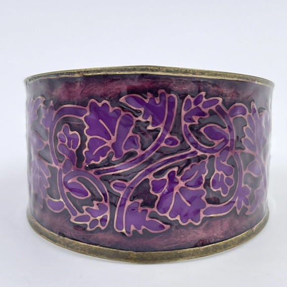 Vintage Cuff Bracelet Boho Chunky Vine Leaves Purple Floral Jewelry Brass Tone - Picture 2 of 7